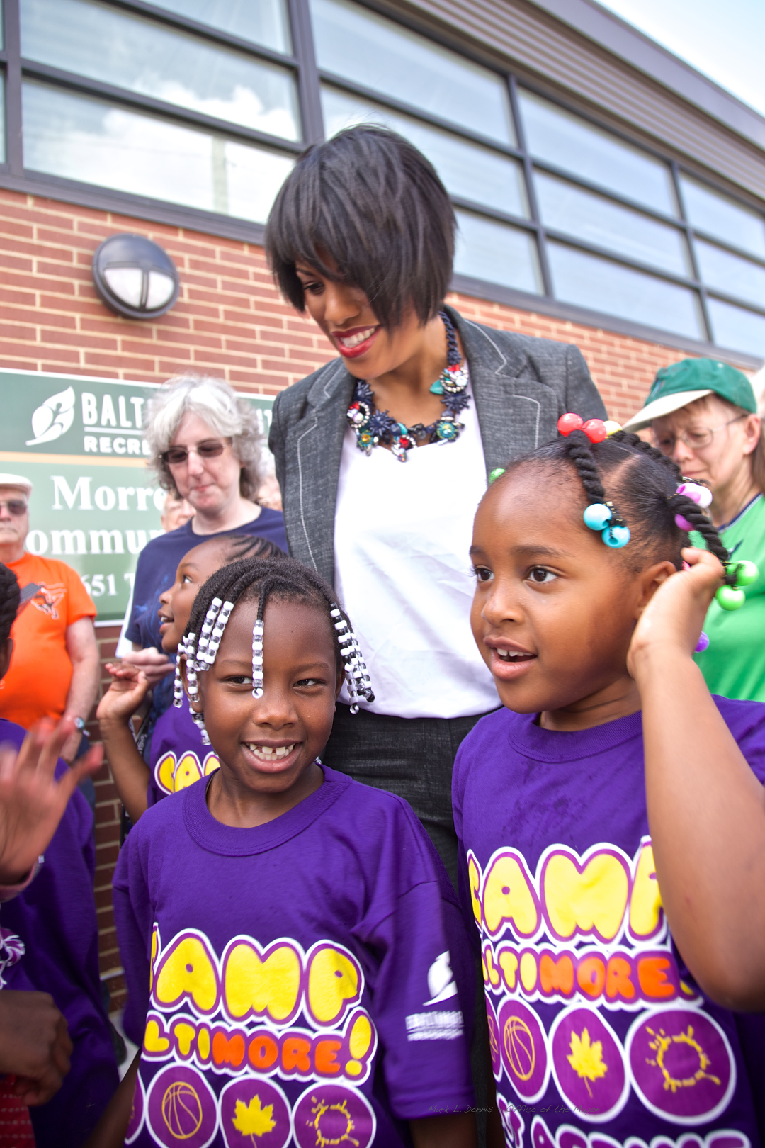 Mayor Rawlings-Blake and children at the opening of the Morrell Park Community Center